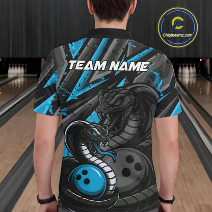 Custom Grunge Black And Blue Cobra Snake Bowling Men Polo Shirts With Team Name For Bowlers IPHW9029