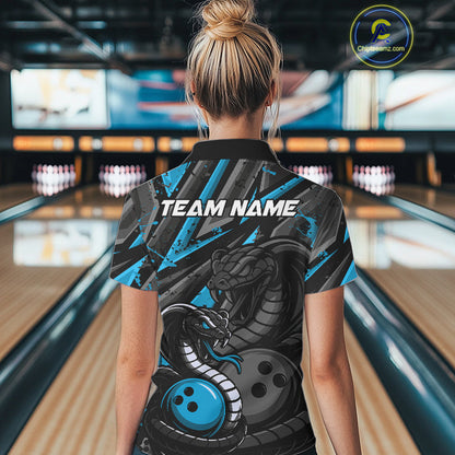 Custom Grunge Black And Blue Cobra Snake Bowling Women Polo Shirts With Team Name IPHW9029