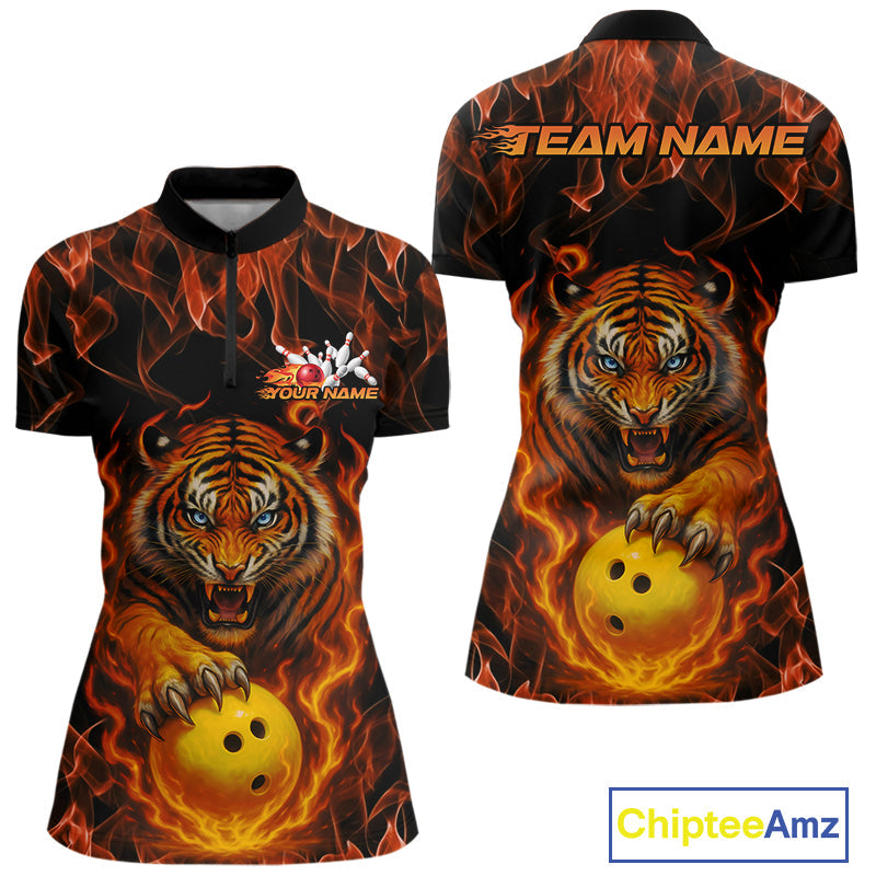 Custom Fire Flame Tiger Bowling Team Women Quarter-Zip Shirt, Tournament Bowling Outfit IPHW9037
