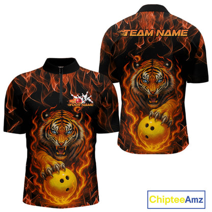 Custom Fire Flame Tiger Bowling Team Quarter-Zip Shirts For Men, Tournament Bowling Outfit IPHW9037