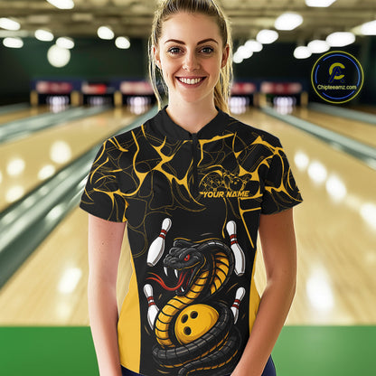 Custom Black And Yellow Cobra Snake Bowling Jerseys, Bowling Team Women Quarter-Zip Shirt IPHW9038