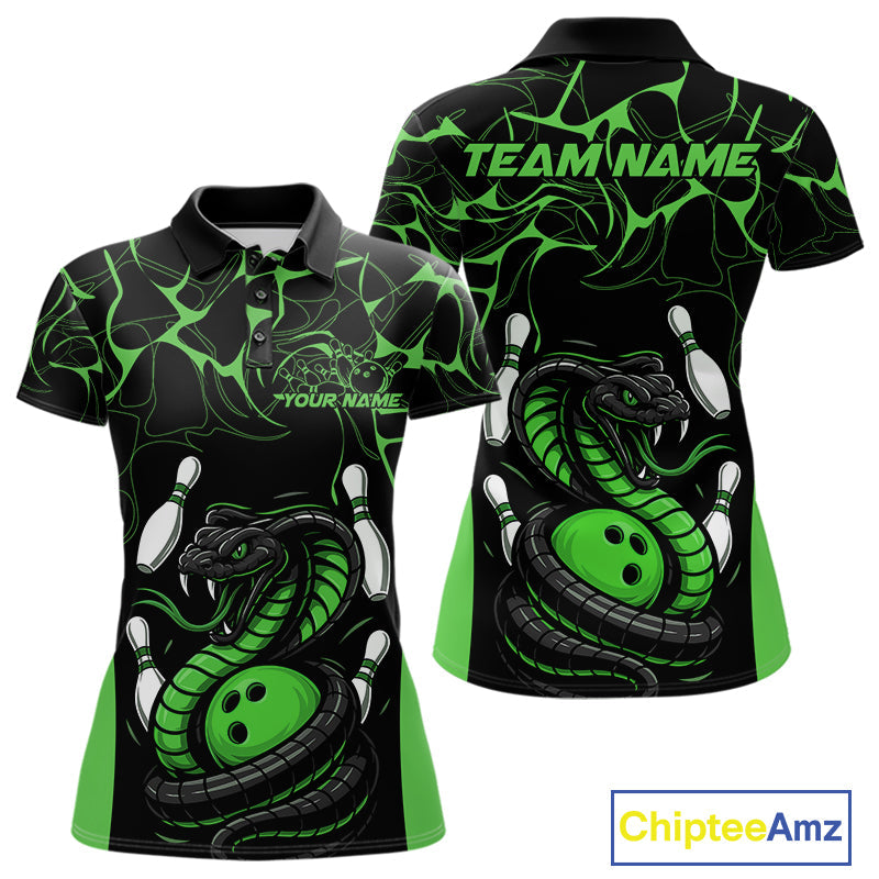 Custom Black And Green Cobra Snake Bowling Jerseys, Bowling Team Women Polo Shirts IPHW9039