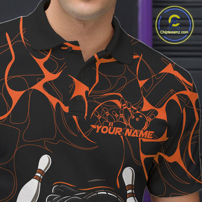 Custom Black And Orange Cobra Snake Bowling Jerseys, Bowling Team Men Polo Shirts IPHW9040