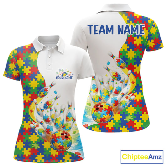 Women’s polo shirt mockup front and back featuring colorful autism bowling strike theme with puzzle-inspired design elements