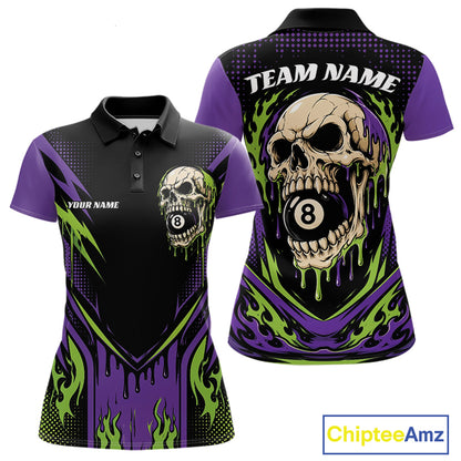 Custom Green And Purple Dripping Skull 8 Ball Halloween Billiards Women Polo Shirt IPHW11785