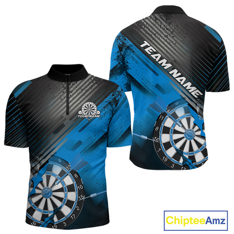 Custom Grunge Blue Dartboard Dart Team Quarter-Zip Shirts For Men, Dart Players Jerseys IPHW9975