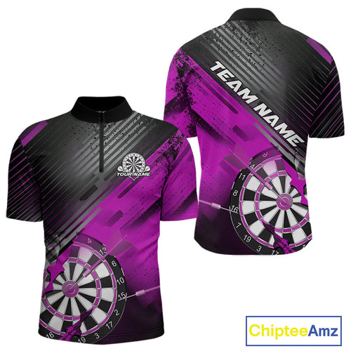 Custom Grunge Purple Dartboard Dart Team Quarter-Zip Shirts For Men, Dart Players Jerseys IPHW9977