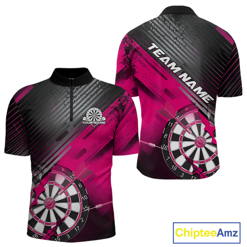 Custom Grunge Pink Dartboard Dart Team Quarter-Zip Shirts For Men, Dart Players Jerseys IPHW9978