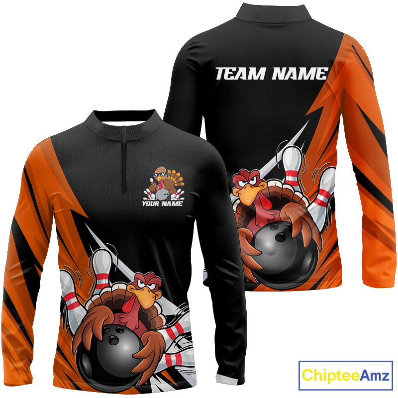 Black And Orange Custom Funny Turkey Bowling Team Shirts For Men, Thanksgiving Bowling Outfit IPHW7877