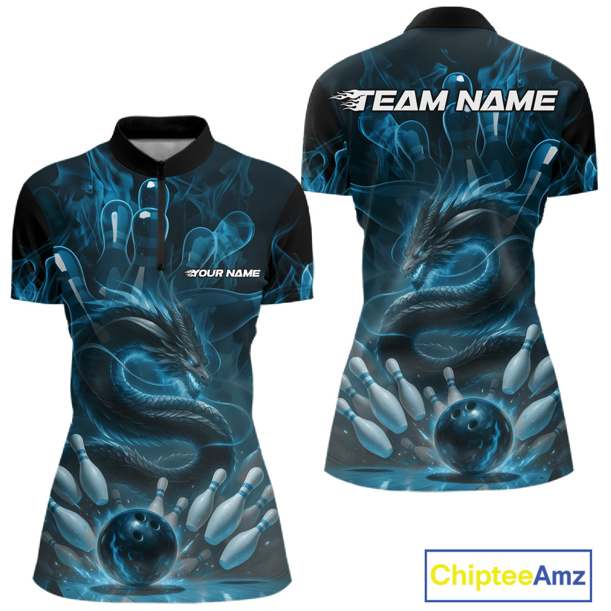 Custom Blue Flame Dragon Bowling Women Quarter-Zip Shirts, Dragon Bowling League Shirt IPHW10224