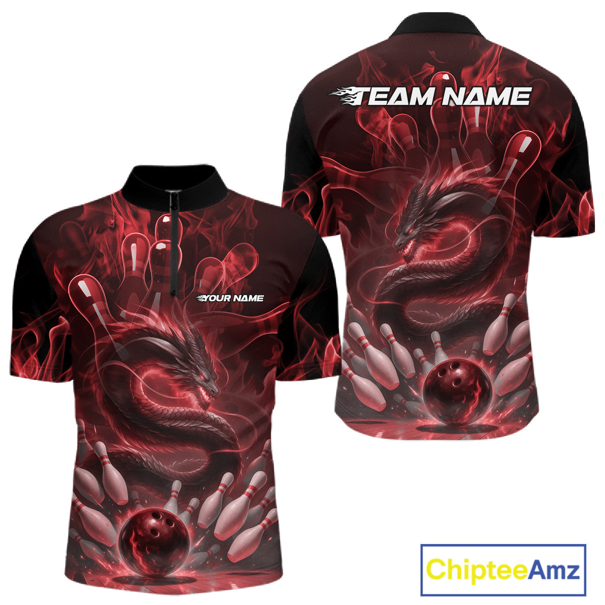 Custom Red Flame Dragon Bowling Men Quarter-Zip Shirts, Dragon Bowling League Shirt IPHW10226