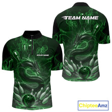 Load image into Gallery viewer, Custom Green Flame Dragon Bowling Men Quarter-Zip Shirts, Dragon Bowling League Shirt IPHW10228