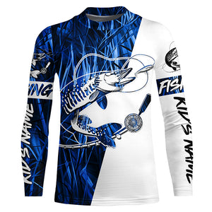 Musky Fishing Tattoo Blue Grass Camo Custom Long Sleeve Tournament Shirts, Muskie Fishing Jerseys IPHW6294