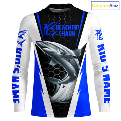 Blacktip Shark Fishing Custom Long Sleeve Performance Shirts, Shark Fishing Apparel | Blue IPHW6305