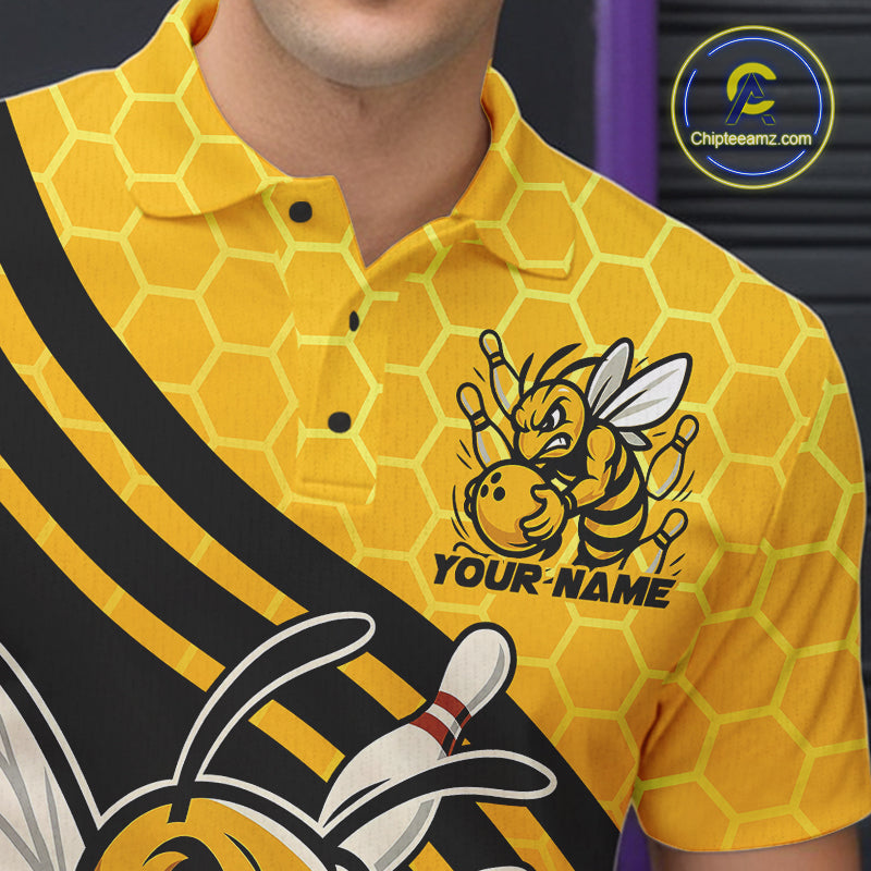 Custom Black And Yellow Bee Bowling Men Polo Shirts, Honeycomb Bowling Team Shirt IPHW9044