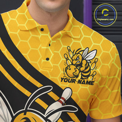 Custom Black And Yellow Bee Bowling Men Polo Shirts, Honeycomb Bowling Team Shirt IPHW9044