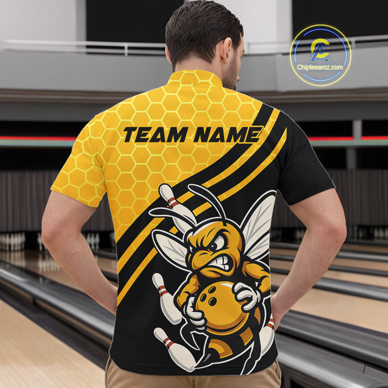 Custom Black And Yellow Bee Bowling Men Quarter-Zip Shirts, Honeycomb Bowling Team Shirt IPHW9044