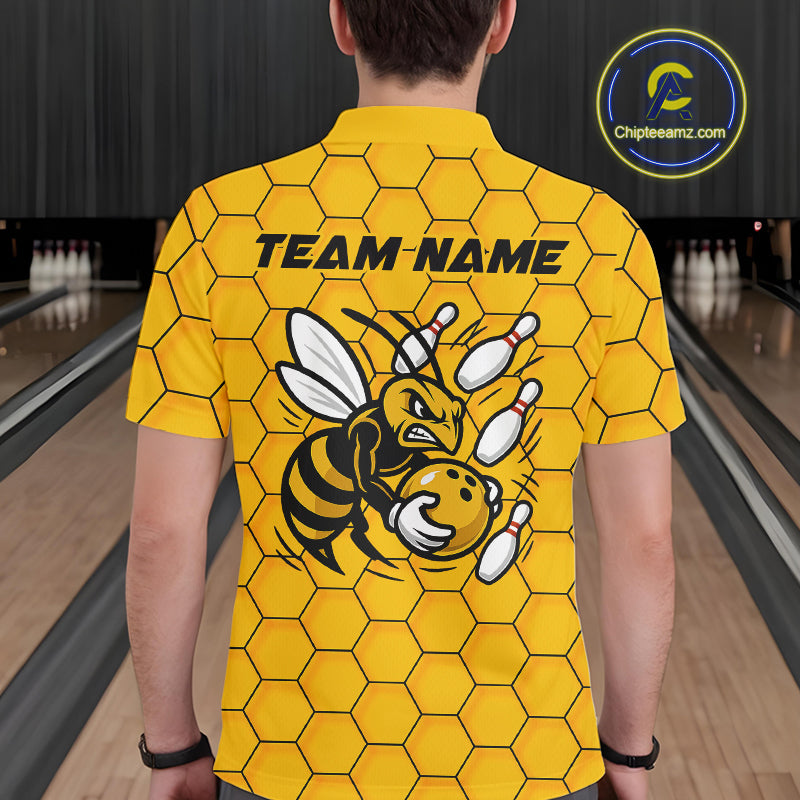 Custom Honeycomb Pattern Bee Bowling Team Men Polo Shirts, Bowling League Shirts IPHW9045