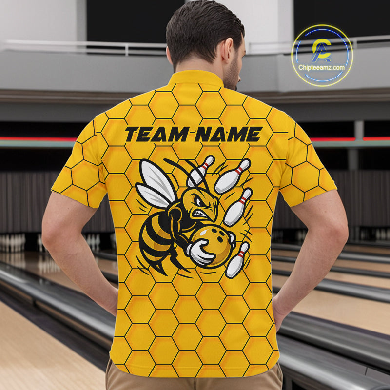 Custom Honeycomb Pattern Bee Bowling Team Men Quarter-Zip Shirts, Bowling League Shirts IPHW9045