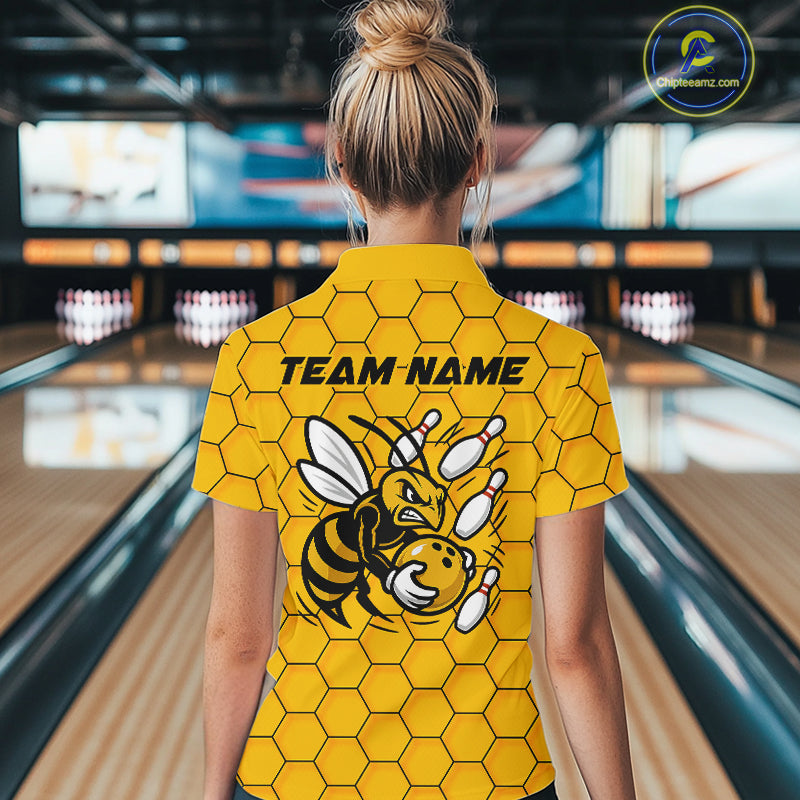 Custom Honeycomb Pattern Bee Bowling Team Women Quarter-Zip Shirts, Bowling League Shirts IPHW9045
