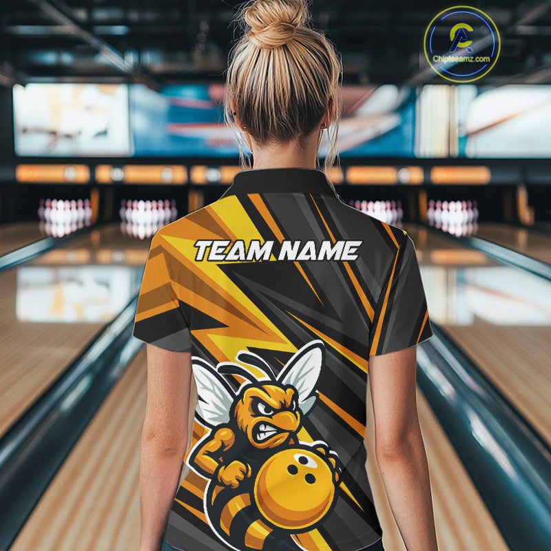 Custom Black And Yellow Bee Bowling Polo Shirts For Women, Bowling Team Uniform IPHW9046