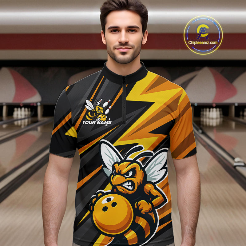 Custom Black And Yellow Bee Bowling Quarter-Zip Shirts For Men, Bowling Team Uniform IPHW9046