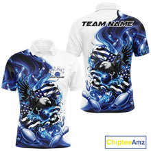 Load image into Gallery viewer, Front and back white and blue men’s bowling polo shirt mockup with eagle artwork, bowling elements, and flowing American flag inspired graphics.