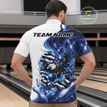 Load image into Gallery viewer, Male model front view at the bowling lane wearing a white and blue bowling quarter zip shirt with eagle artwork and flag inspired accents.