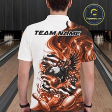 Load image into Gallery viewer, Back view of a male model in a bowling lane wearing a white and orange bowling polo shirt with eagle and flag inspired artwork.