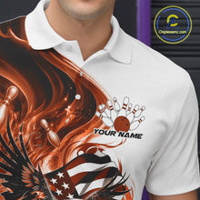Load image into Gallery viewer, Close up left chest view of a white and orange bowling polo shirt featuring eagle artwork, bowling elements, and flowing American flag inspired graphics.