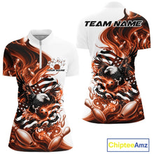 Load image into Gallery viewer, Front and back white and orange women’s bowling quarter zip mockup with eagle artwork, bowling elements, and flowing flag inspired graphics.