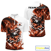 Load image into Gallery viewer, Front and back white and orange men’s bowling quarter zip shirt mockup with eagle artwork, bowling elements, and flowing flag inspired graphics.