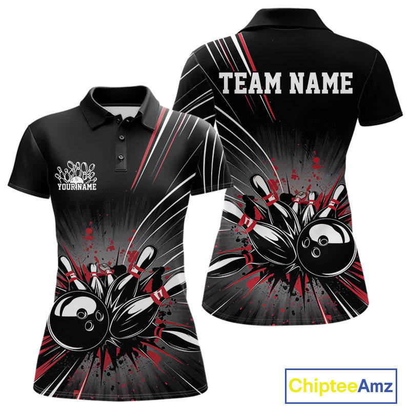 Custom Black And Red Grunge Bowling Team Jerseys, Women Bowling Polo Shirts IPHW9620