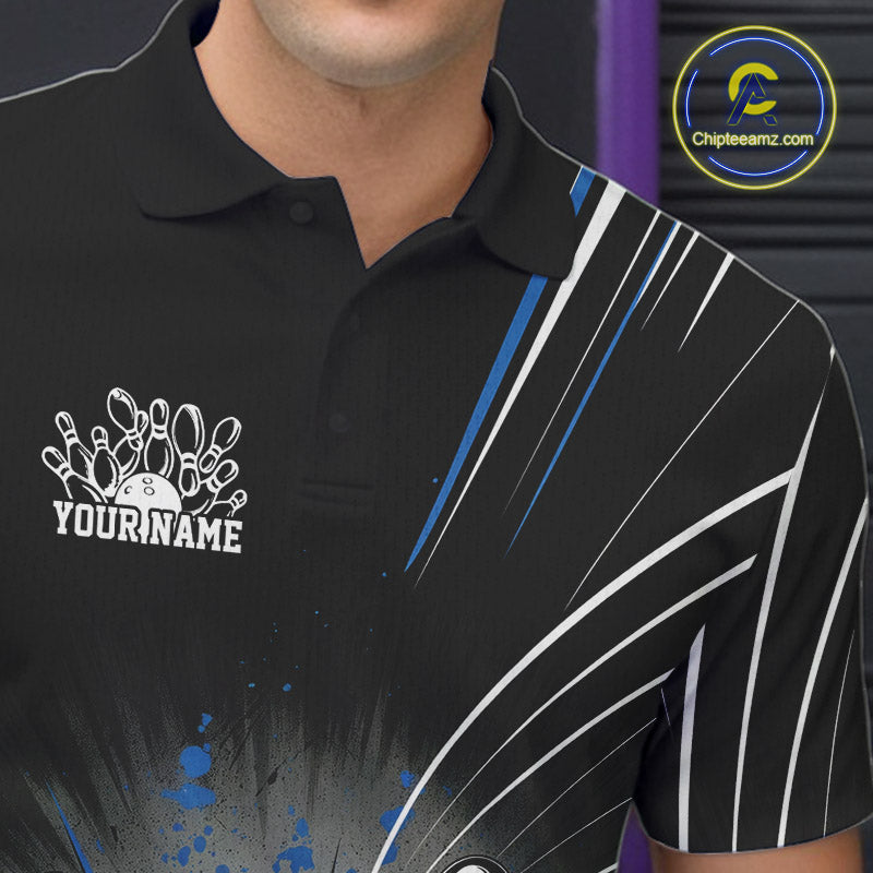 Custom Black And Blue Grunge Bowling Team Jerseys, Men Bowling Polo Shirts IPHW9621