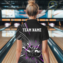 Load image into Gallery viewer, Custom Black And Purple Grunge Bowling Team Jerseys, Women Bowling Polo Shirts IPHW9622