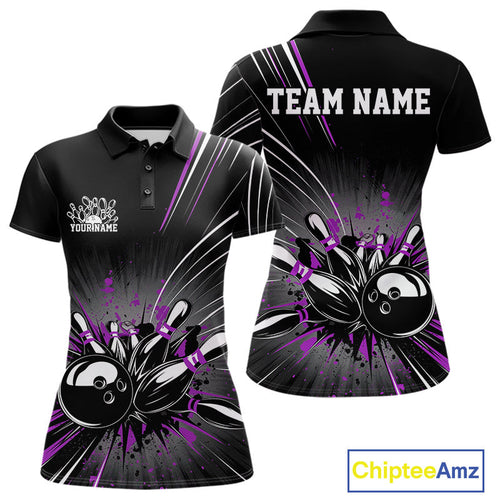 Custom Black And Purple Grunge Bowling Team Jerseys, Women Bowling Polo Shirts IPHW9622