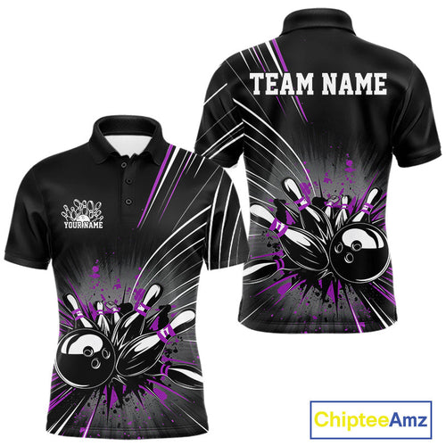 Custom Black And Purple Grunge Bowling Team Jerseys, Men Bowling Polo Shirts IPHW9622