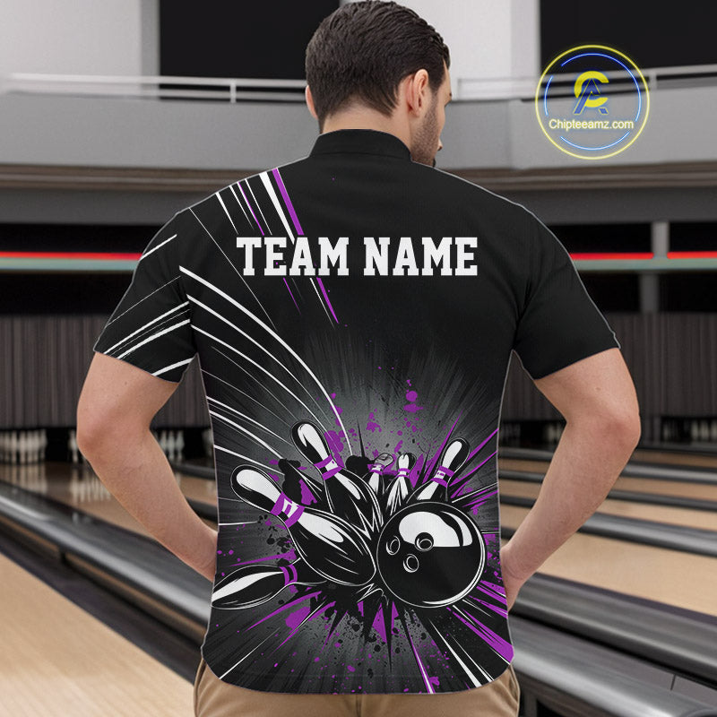 Custom Black And Purple Grunge Bowling Team Jerseys, Men Bowling Quarter-Zip Shirts IPHW9622