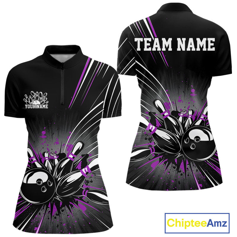 Custom Black And Purple Grunge Bowling Team Jerseys, Women Bowling Quarter-Zip Shirts IPHW9622