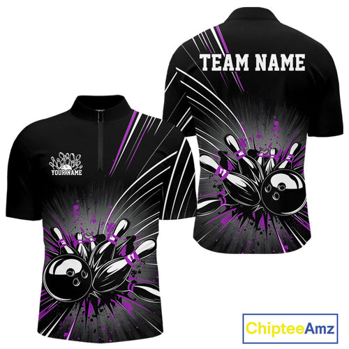 Custom Black And Purple Grunge Bowling Team Jerseys, Men Bowling Quarter-Zip Shirts IPHW9622