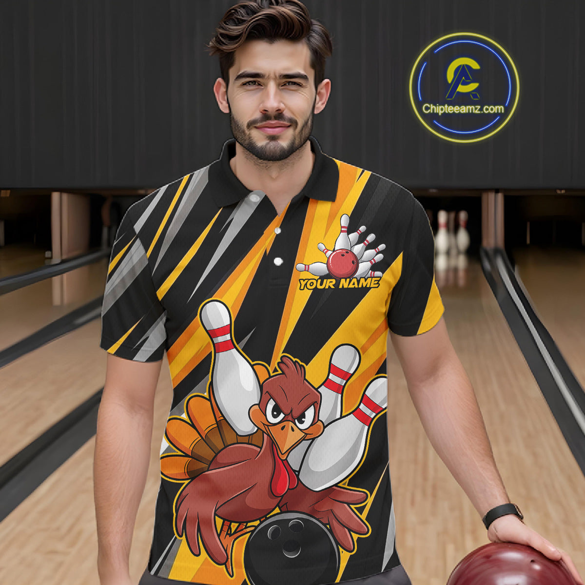 Custom Funny Turkey Bowling Shirts For Men, Yellow Thanksgiving Bowling Shirt Team Fall Outfits IPHW7661