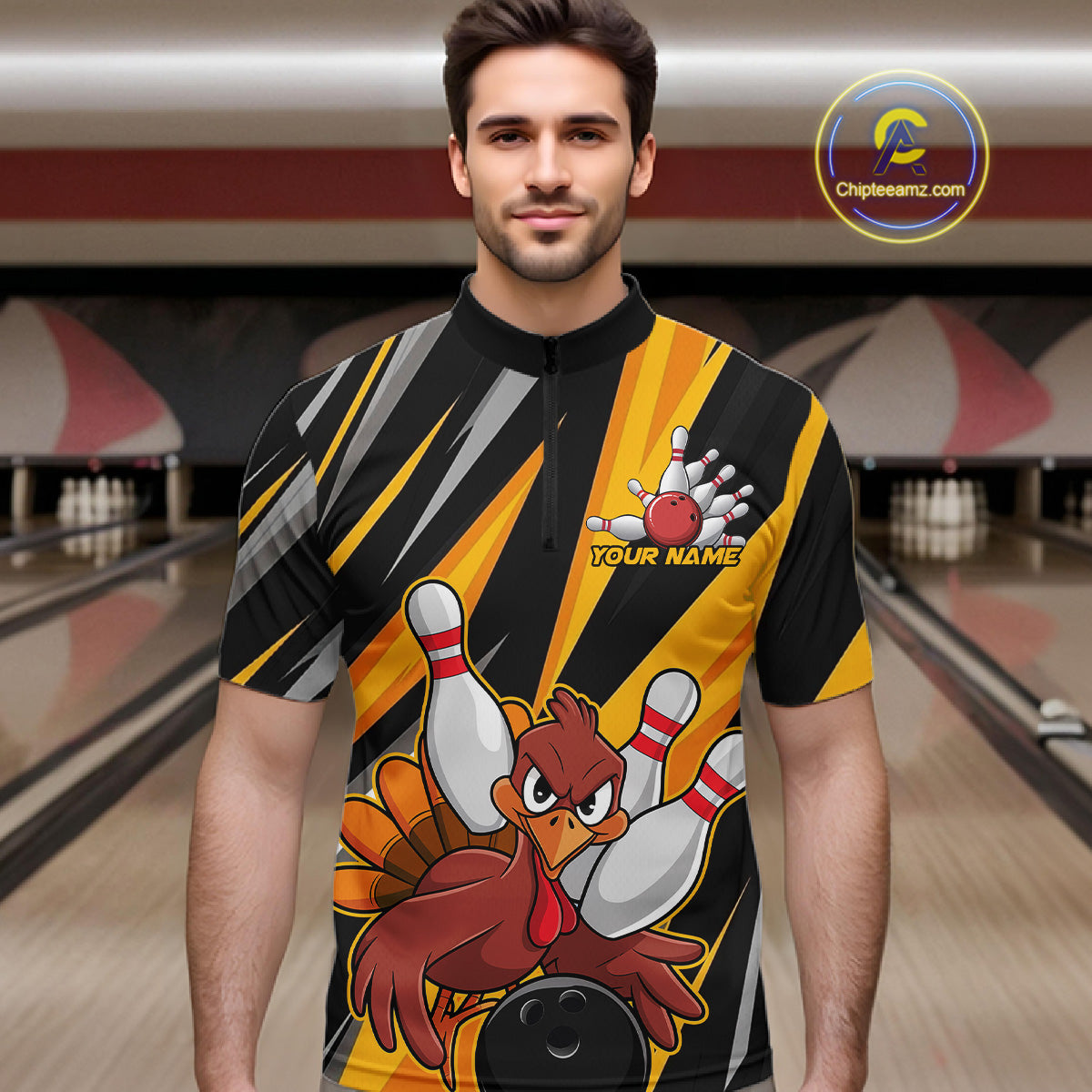 Custom Funny Turkey Bowling Shirts For Men, Yellow Thanksgiving Bowling Shirt Team Fall Outfits IPHW7661