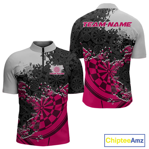 Custom Black And Pink Dartboard Dart Team Men Quarter-Zip Shirt, Dartboard Pattern Dart Jerseys IPHW9989