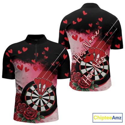 Custom Black And Red Heart Theme Valentine Dart Men Quarter-Zip Shirt, Couple Dart Shirt IPHW10406