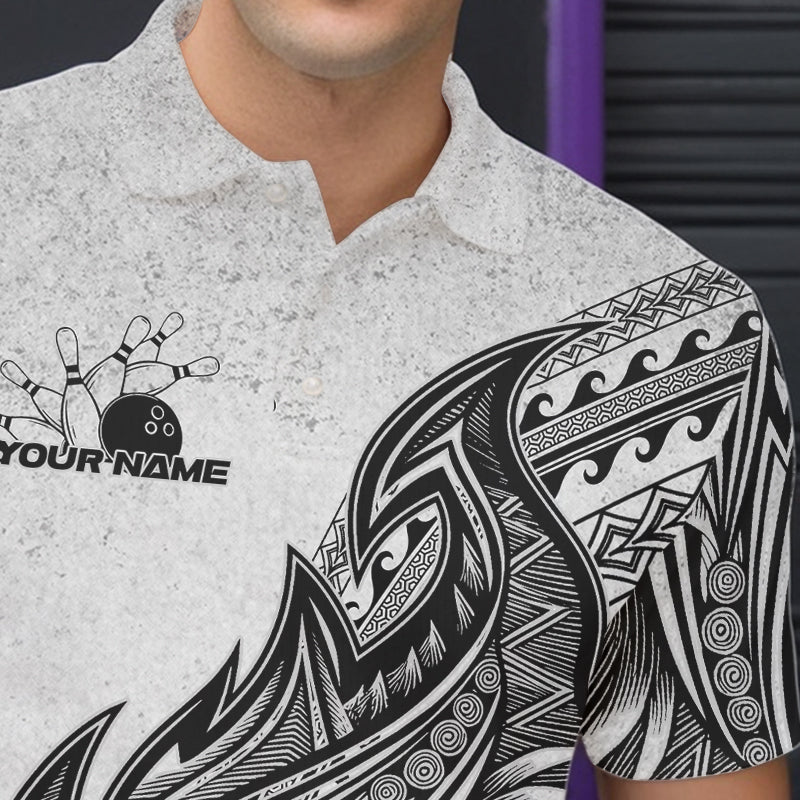 Custom Grunge Black And Gray Tribal Flame Polynesian Bowling Team Polo Shirts For Men IPHW8804