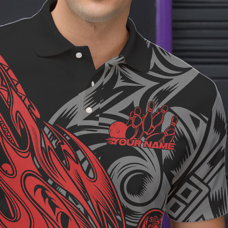 Custom Black And Red Flame Tribal Polynesian Bowling Men Polo Shirts, Bowling Team Uniform IPHW8807