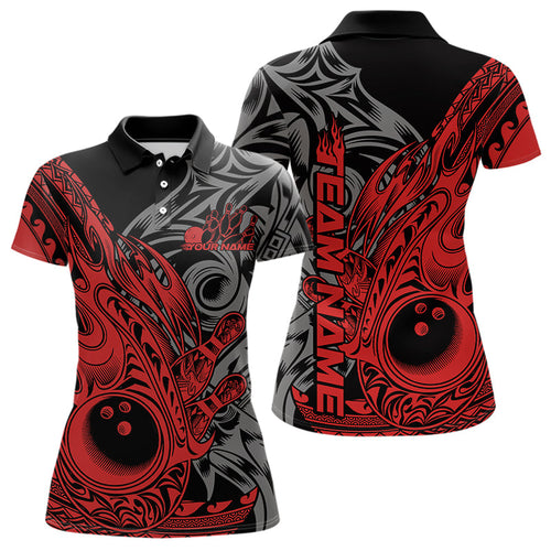 Custom Black And Red Flame Tribal Polynesian Bowling Women Polo Shirt, Bowling Team Uniform IPHW8807