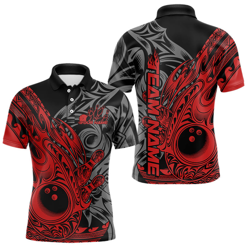Custom Black And Red Flame Tribal Polynesian Bowling Men Polo Shirts, Bowling Team Uniform IPHW8807