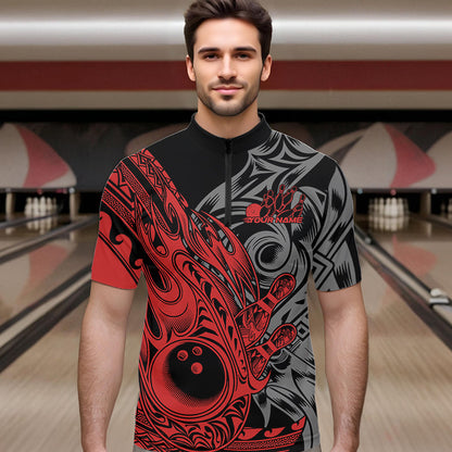 Custom Black And Red Flame Tribal Polynesian Bowling Men Quarter-Zip Shirts, Bowling Team Uniform IPHW8807