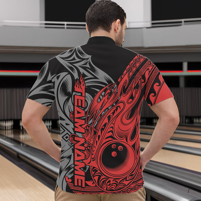 Custom Black And Red Flame Tribal Polynesian Bowling Men Quarter-Zip Shirts, Bowling Team Uniform IPHW8807